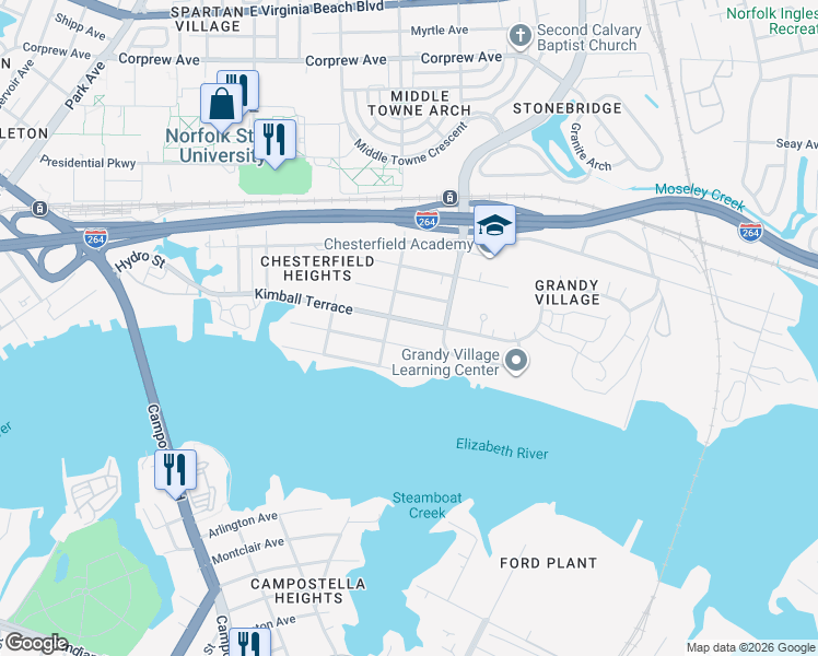 map of restaurants, bars, coffee shops, grocery stores, and more near 2803 Marlboro Avenue in Norfolk