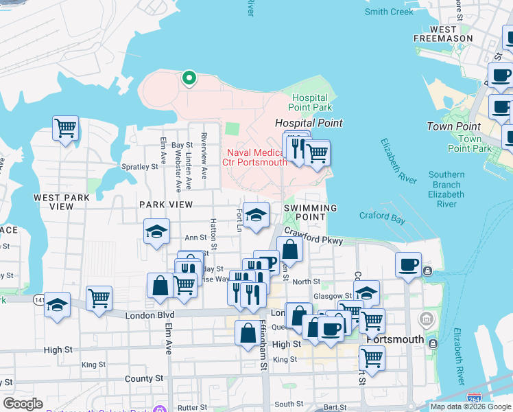 map of restaurants, bars, coffee shops, grocery stores, and more near 850 Crawford Parkway in Portsmouth