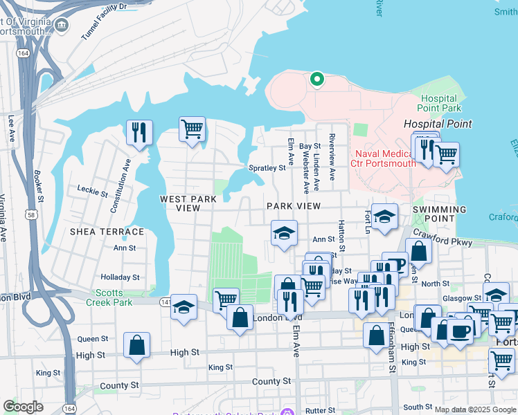 map of restaurants, bars, coffee shops, grocery stores, and more near 1410 Crawford Parkway in Portsmouth