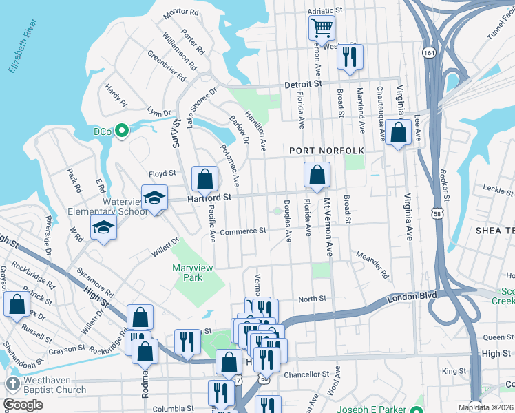 map of restaurants, bars, coffee shops, grocery stores, and more near 736 Vermont Avenue in Portsmouth