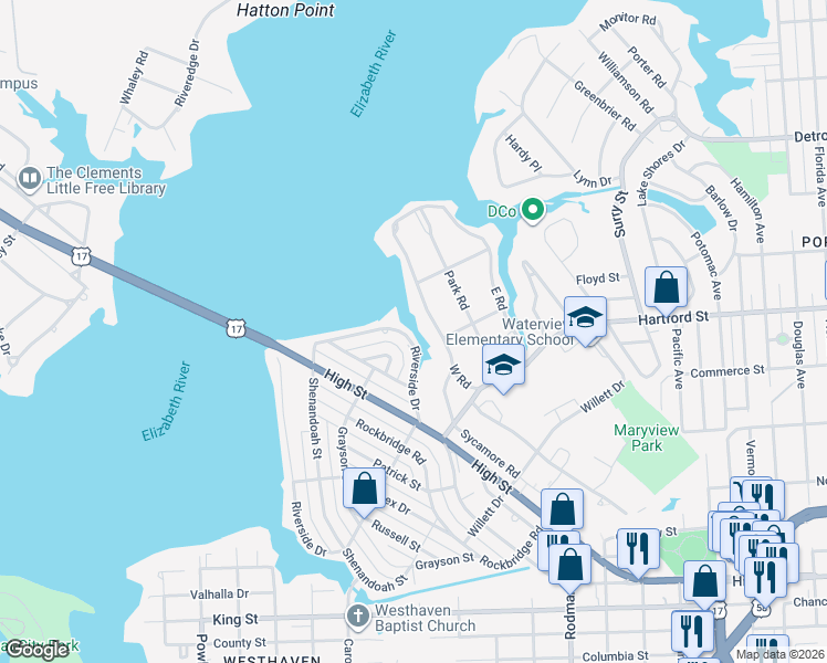 map of restaurants, bars, coffee shops, grocery stores, and more near 300 West Road in Portsmouth
