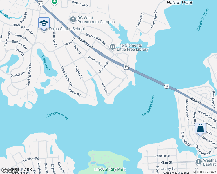 map of restaurants, bars, coffee shops, grocery stores, and more near 4132 Duke Drive in Portsmouth