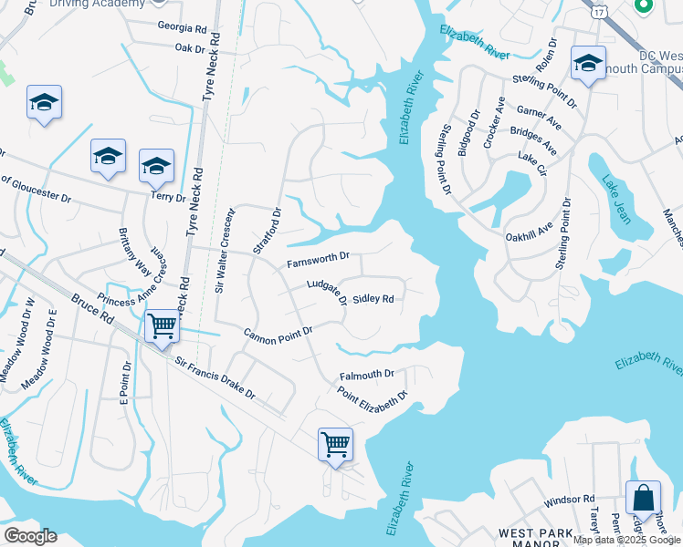 map of restaurants, bars, coffee shops, grocery stores, and more near 3721 Ludgate Drive in Chesapeake