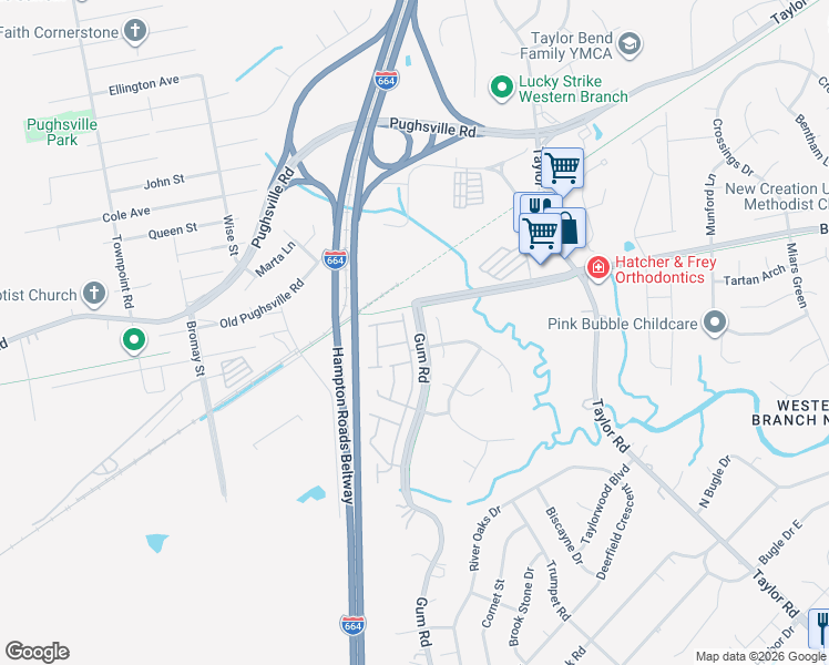 map of restaurants, bars, coffee shops, grocery stores, and more near 3025 Big Bend Drive in Chesapeake