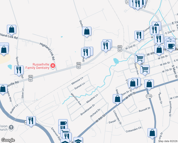 map of restaurants, bars, coffee shops, grocery stores, and more near Blue Grass Avenue in Russellville