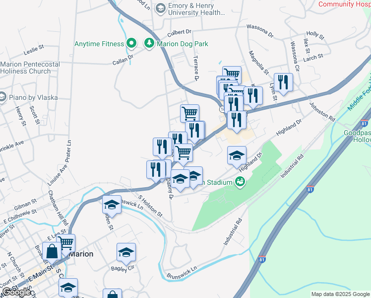 map of restaurants, bars, coffee shops, grocery stores, and more near 900-972 North Main Street in Marion
