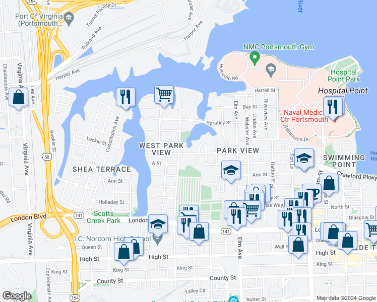 map of restaurants, bars, coffee shops, grocery stores, and more near 1532 Leckie Street in Portsmouth