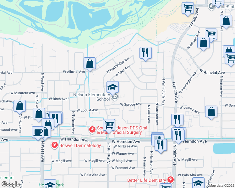 map of restaurants, bars, coffee shops, grocery stores, and more near 1336 West Spruce Avenue in Fresno