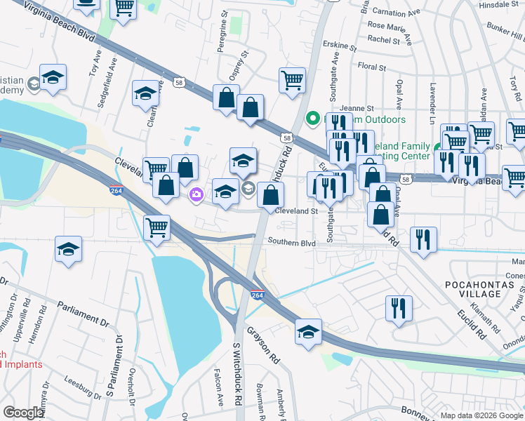 map of restaurants, bars, coffee shops, grocery stores, and more near 5100 Cleveland Street in Virginia Beach