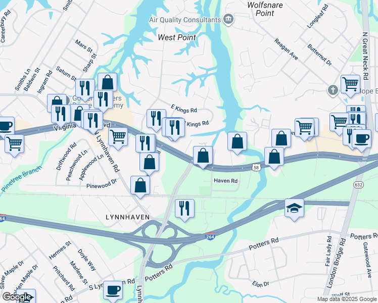 map of restaurants, bars, coffee shops, grocery stores, and more near 301 & 305 Lynnhaven Parkway in Virginia Beach