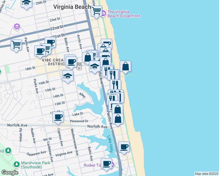 map of restaurants, bars, coffee shops, grocery stores, and more near 1312 Atlantic Avenue in Virginia Beach