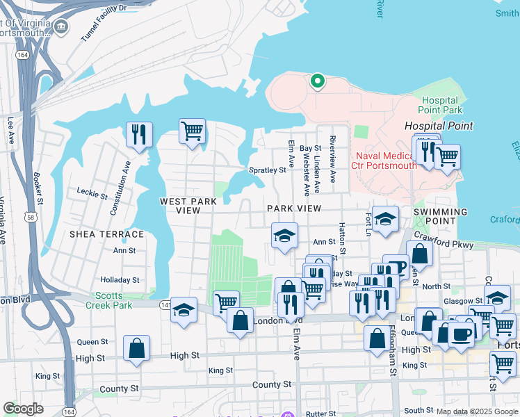 map of restaurants, bars, coffee shops, grocery stores, and more near 1410 Crawford Parkway in Portsmouth