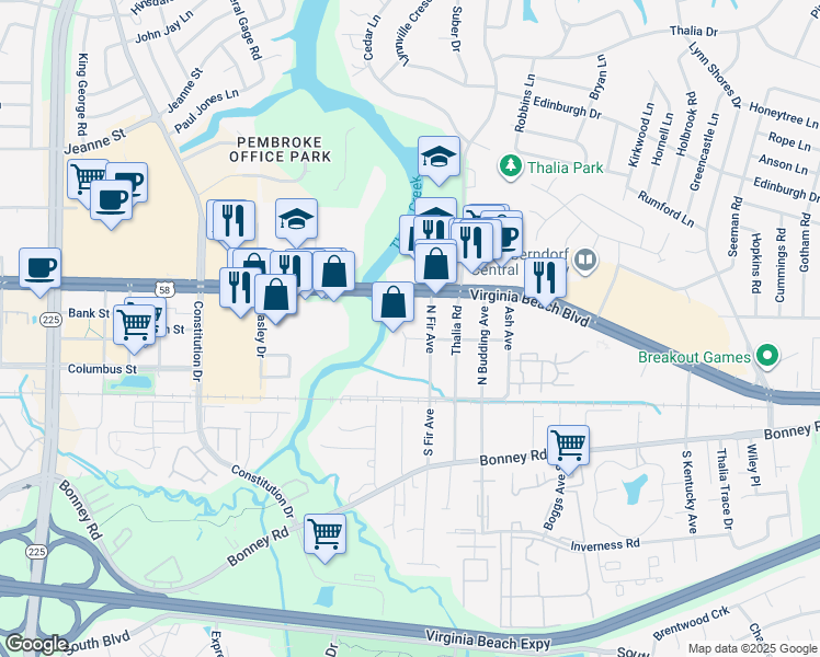 map of restaurants, bars, coffee shops, grocery stores, and more near 206 North Palm Avenue in Virginia Beach