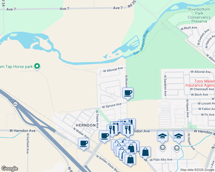 map of restaurants, bars, coffee shops, grocery stores, and more near 6808 Lucas Drive in Fresno