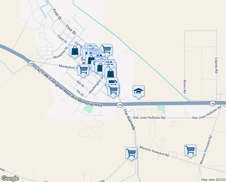 map of restaurants, bars, coffee shops, grocery stores, and more near 2 4th Street in Hollister