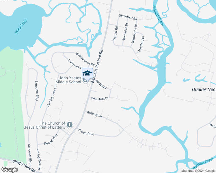map of restaurants, bars, coffee shops, grocery stores, and more near 109 Pintail Drive in Suffolk