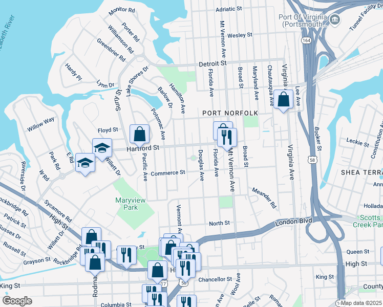 map of restaurants, bars, coffee shops, grocery stores, and more near 720 Flanders Circle in Portsmouth