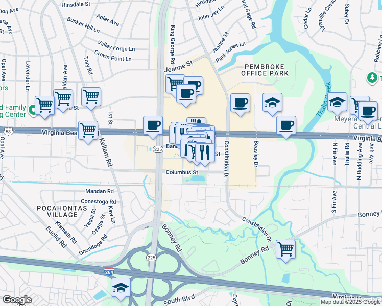 map of restaurants, bars, coffee shops, grocery stores, and more near 222 Central Park Avenue in Virginia Beach
