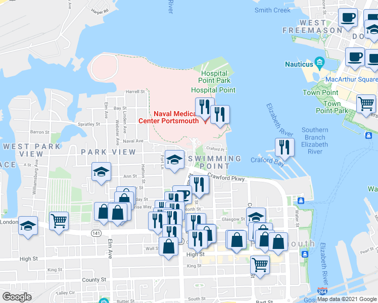 map of restaurants, bars, coffee shops, grocery stores, and more near 850 Crawford Parkway in Portsmouth