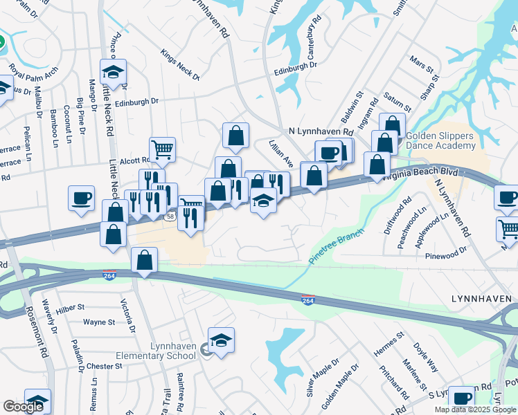 map of restaurants, bars, coffee shops, grocery stores, and more near 3205 Virginia Beach Boulevard in Virginia Beach