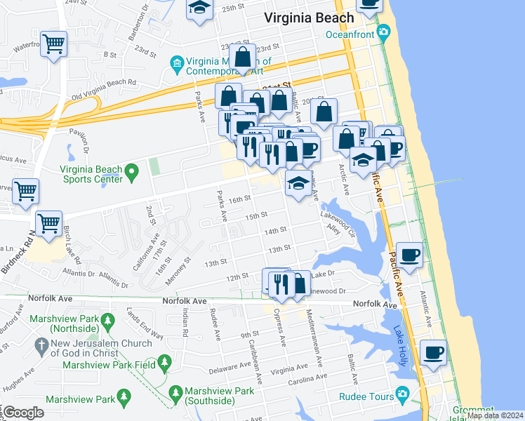 map of restaurants, bars, coffee shops, grocery stores, and more near 1414 Cypress Avenue in Virginia Beach