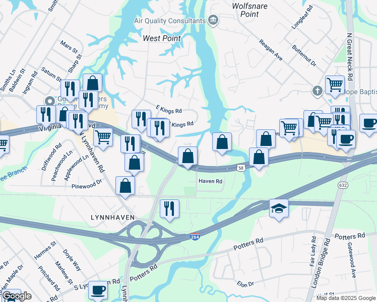 map of restaurants, bars, coffee shops, grocery stores, and more near 2608 Colony Pines Drive in Virginia Beach