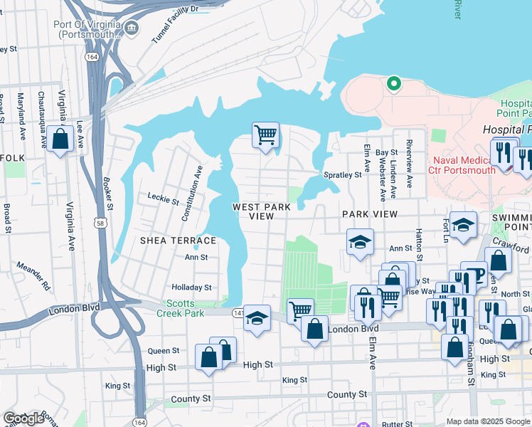 map of restaurants, bars, coffee shops, grocery stores, and more near A Lane Place in Portsmouth