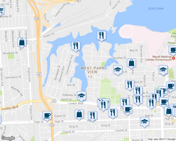 map of restaurants, bars, coffee shops, grocery stores, and more near A Lane Place in Portsmouth