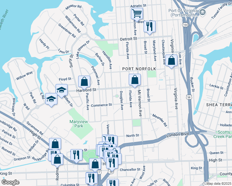 map of restaurants, bars, coffee shops, grocery stores, and more near 720 Flanders Circle in Portsmouth
