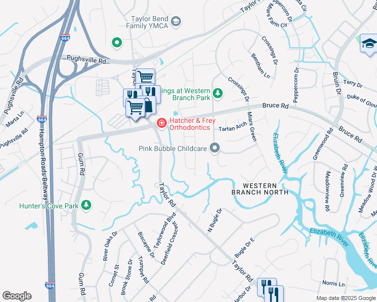 map of restaurants, bars, coffee shops, grocery stores, and more near 3209 Braddock Landing Road in Chesapeake
