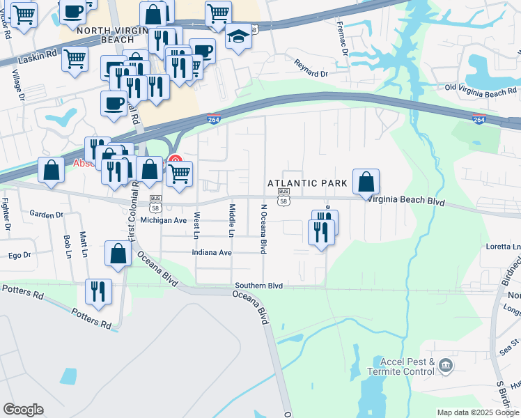 map of restaurants, bars, coffee shops, grocery stores, and more near 253 North Oceana Boulevard in Virginia Beach