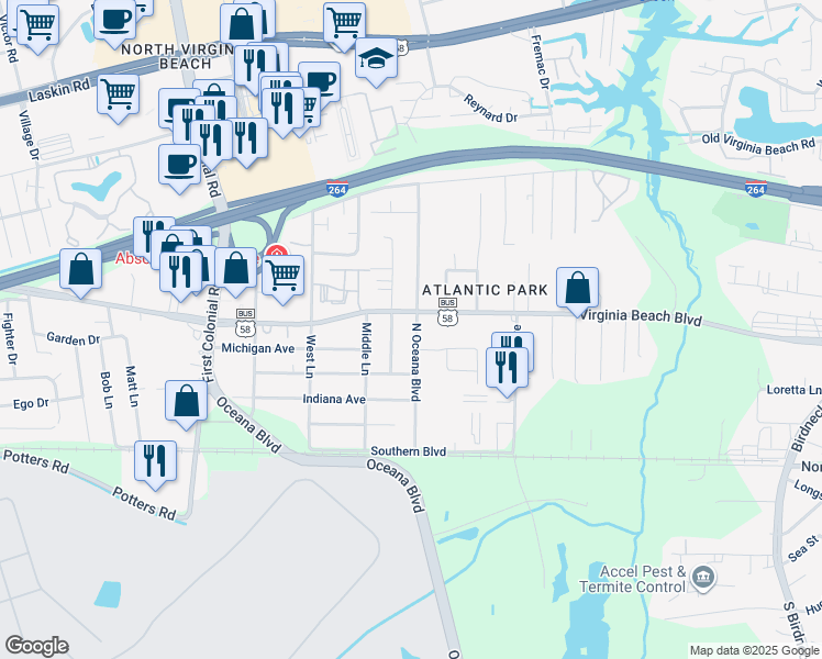 map of restaurants, bars, coffee shops, grocery stores, and more near 253 North Oceana Boulevard in Virginia Beach