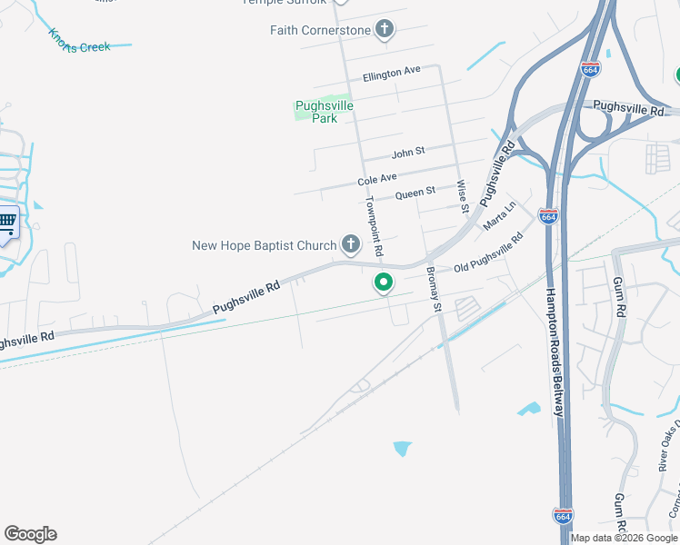 map of restaurants, bars, coffee shops, grocery stores, and more near 4241 Pughsville Road in Suffolk
