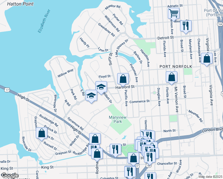 map of restaurants, bars, coffee shops, grocery stores, and more near 3507 Hartford Street in Portsmouth