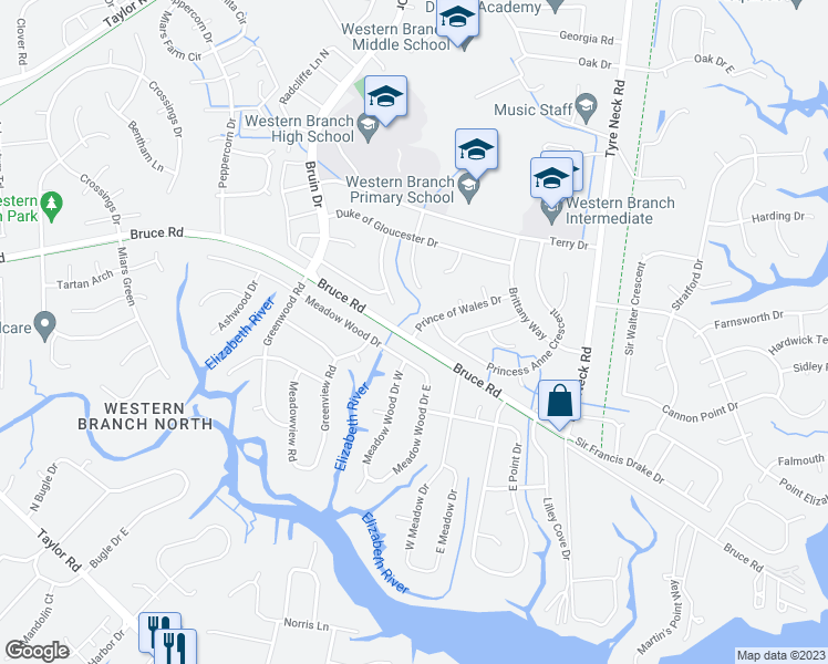 map of restaurants, bars, coffee shops, grocery stores, and more near 2900 Prince of Wales Drive in Chesapeake