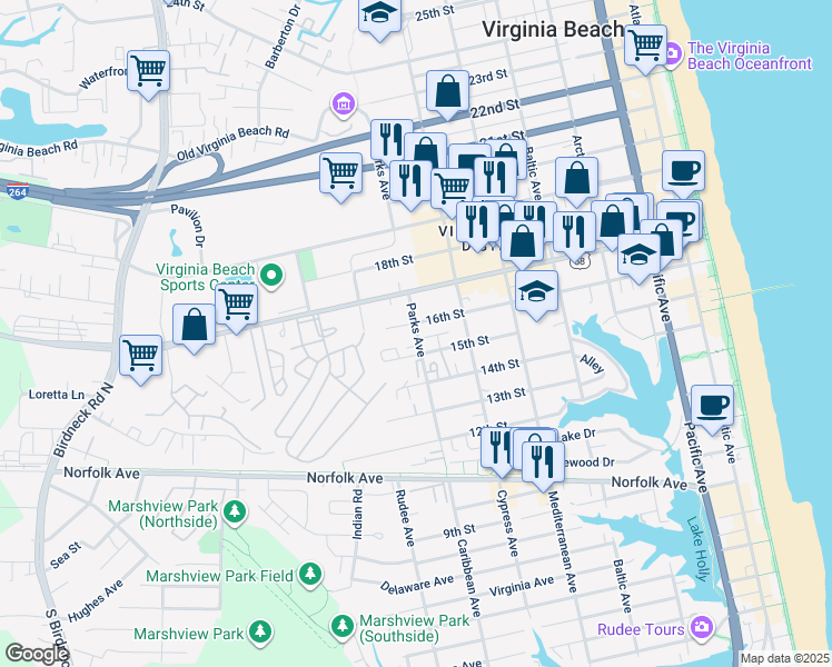 map of restaurants, bars, coffee shops, grocery stores, and more near 1518 Parks Avenue in Virginia Beach