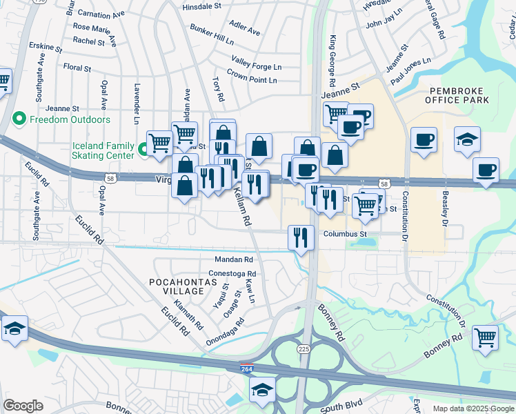 map of restaurants, bars, coffee shops, grocery stores, and more near 4725 Virginia Beach Boulevard in Virginia Beach