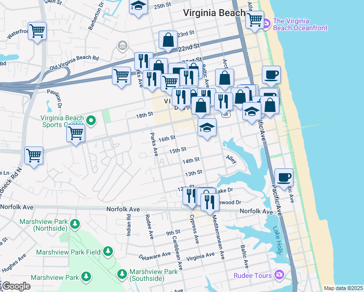 map of restaurants, bars, coffee shops, grocery stores, and more near 1414 Cypress Avenue in Virginia Beach