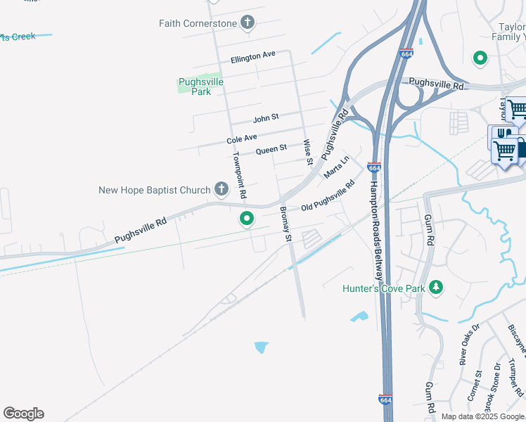 map of restaurants, bars, coffee shops, grocery stores, and more near 5211 Pughsville Road in Chesapeake