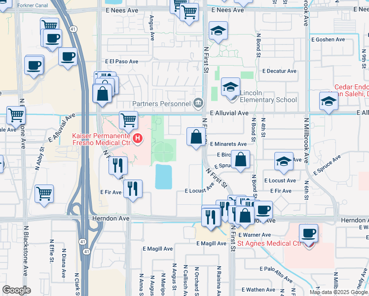 map of restaurants, bars, coffee shops, grocery stores, and more near 7235 North 1st Street in Fresno