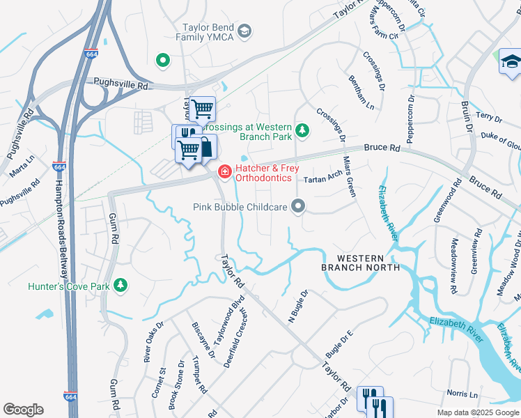 map of restaurants, bars, coffee shops, grocery stores, and more near 3209 Braddock Landing Road in Chesapeake