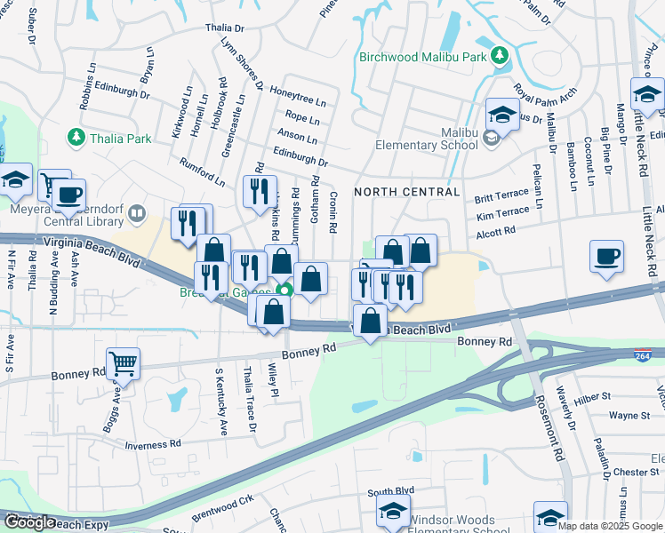 map of restaurants, bars, coffee shops, grocery stores, and more near 405 Cronin Road in Virginia Beach