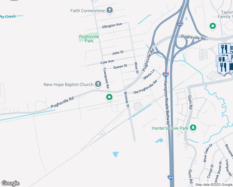 map of restaurants, bars, coffee shops, grocery stores, and more near 5211 Pughsville Road in Chesapeake