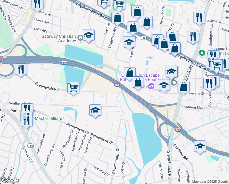 map of restaurants, bars, coffee shops, grocery stores, and more near 5289 Greenwich Road in Virginia Beach