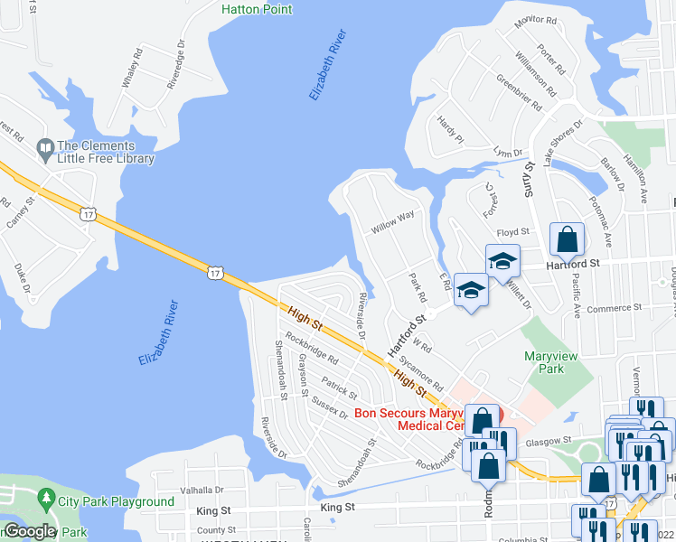 map of restaurants, bars, coffee shops, grocery stores, and more near 231 Riverside Drive in Portsmouth