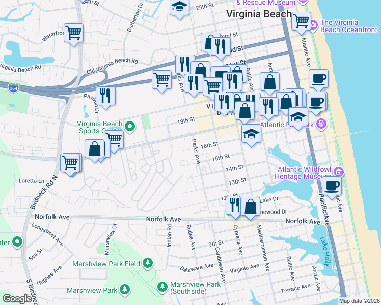 map of restaurants, bars, coffee shops, grocery stores, and more near 820 16th Street in Virginia Beach