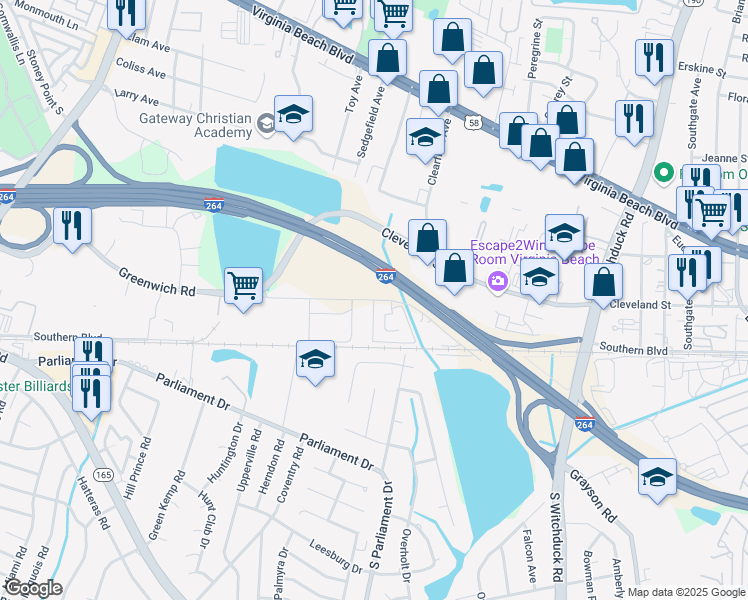map of restaurants, bars, coffee shops, grocery stores, and more near 5294 Greenwich Road in Virginia Beach