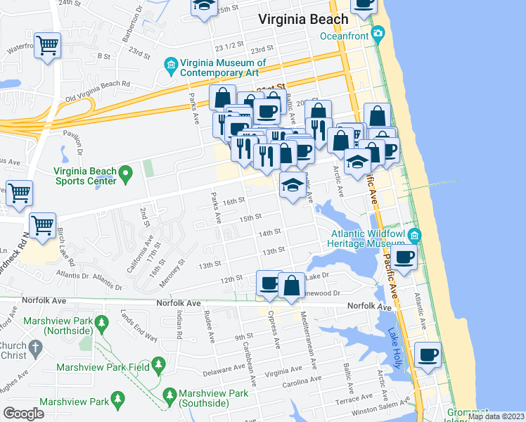 map of restaurants, bars, coffee shops, grocery stores, and more near 611 15th Street in Virginia Beach