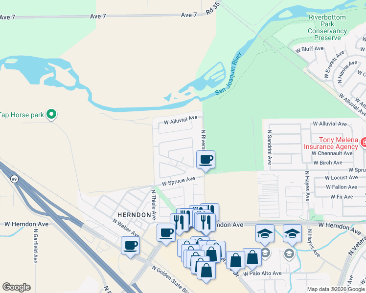 map of restaurants, bars, coffee shops, grocery stores, and more near 6734 West Alana Drive in Fresno