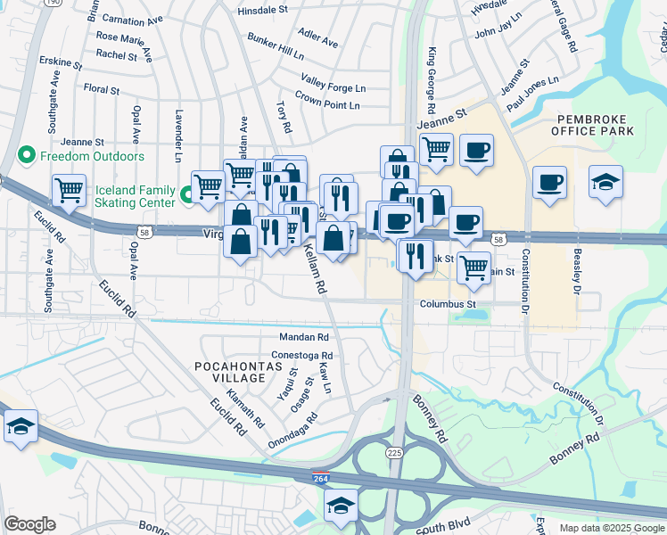 map of restaurants, bars, coffee shops, grocery stores, and more near 4725 Virginia Beach Boulevard in Virginia Beach